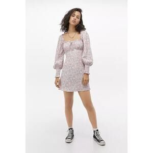 Faithfull The Brand Ira Mini Dress Pink Tie Smocked Ruffled Long Sleeve Sz M